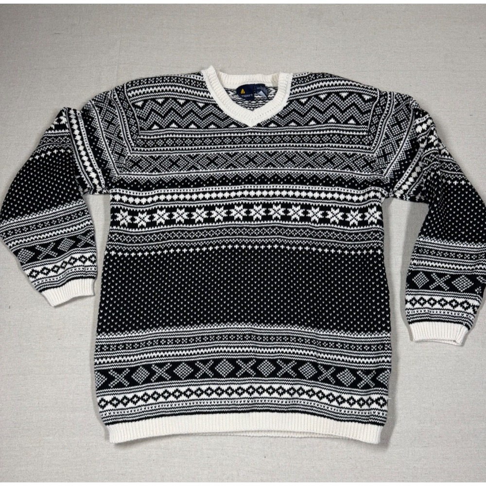 Vintage Lizsport Nordic Sweater Mens L Fair Isle Cotton V Neck Black